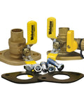 One Inch Pro Grade Lead Free Isolator Valve With 360 Degree Rotating Flange And Dual Drain Installation Kit with gaskets, nuts, bolts shown