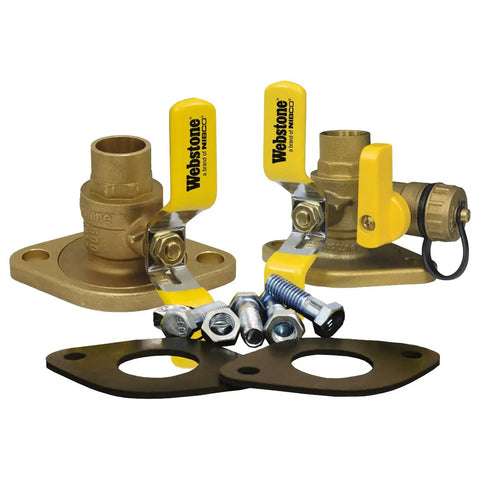 One Inch Pro Grade Lead Free Isolator Valve With 360 Degree Rotating Flange And Dual Drain Installation Kit with gaskets, nuts, bolts shown