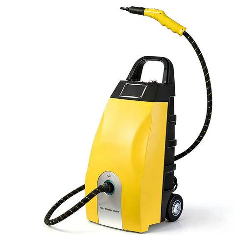 Lpoxuru High Power 3000W Handheld Steam Cleaner For Bathrooms And Sofas, yellow portable unit with hose and wheels.