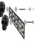 Badass Skull License Plate Screws And Motorcycle Plate Bolts Featuring Four Piece Black Fastener Set, 4pc set with black skulls and mounting hardware.
