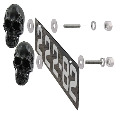 Badass Skull License Plate Screws And Motorcycle Plate Bolts Featuring Four Piece Black Fastener Set, 4pc set with black skulls and mounting hardware.