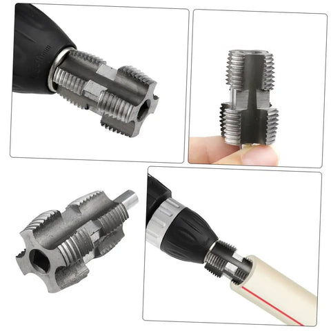 BESPORTBLE PPR PVC Pipe Threading Tool For Electric Drill And Manual Use, showing robust steel adapter threading 1/2 and 3/4 inch PVC.