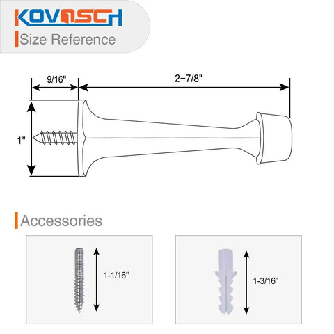 Side view of KOVOSCH 2-pack satin-nickel solid door stops with screws and rubber tips.