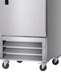 Heavy Duty Commercial Reach In Freezer Rock Solid Stainless Steel Kitchen Workhorse With Electronic Thermostat Led Display And Self Closing Door 23 Cu Ft Nsf Certified Cold Storage Unit base with caster wheels and metal shelving.