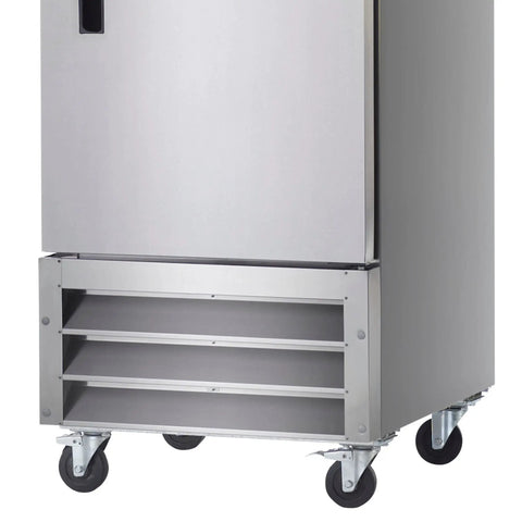 Heavy Duty Commercial Reach In Freezer Rock Solid Stainless Steel Kitchen Workhorse With Electronic Thermostat Led Display And Self Closing Door 23 Cu Ft Nsf Certified Cold Storage Unit base with caster wheels and metal shelving.