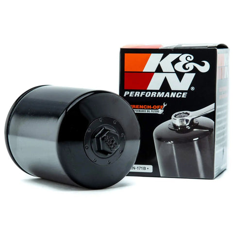 KN High Performance Oil Filter for Big Twin 20W50 Power Pack Oil Kit, black wrench-off filter beside packaging box