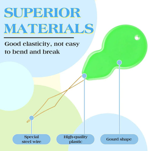 Green gourd-shaped needle threader highlighting steel wire and plastic materials, part of Gourd Shaped Needle Threaders Set With Clear Storage Box.