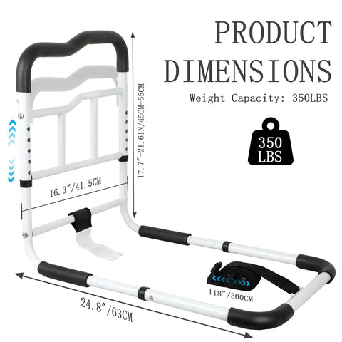 Extra Wide 16 Inch Bed Rail For Seniors, 350 Lb Capacity, 16 CFR Part 1270 Safety Certified, with dimensions and weight capacity