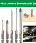 Six Piece Heavy Duty Magnetic Hex Shank Screwdriver Bits Set Featuring Pagoda Shaped Sockets For Electric Drills and Impact Drivers on a wooden surface.