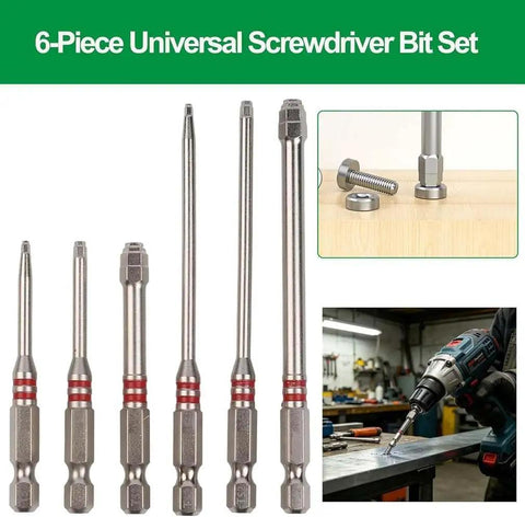 Six Piece Heavy Duty Magnetic Hex Shank Screwdriver Bits Set Featuring Pagoda Shaped Sockets For Electric Drills and Impact Drivers on a wooden surface.