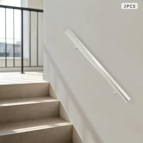 Heavy Duty Wall Mounted Stair Handrail In Rust Proof Stainless Steel For Indoor Outdoor Steps With A Baked Enamel Finish That Provides Hella Solid Bolt Tight Grip Supporting Up To Two Hundred Pounds on a light wall above stairs.
