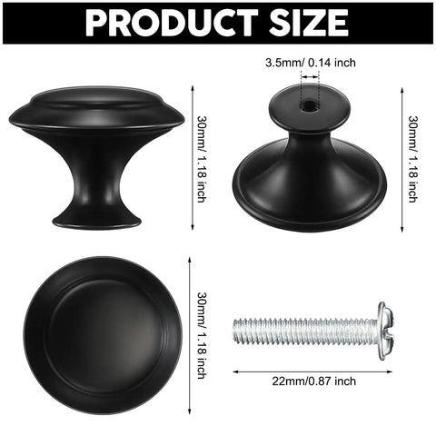 100 Count Matte Black Round Cabinet Knobs 1.18 Inch Drawer Knobs For Dresser Drawers Cabinet Doors And Kitchen Hardware Includes 100 Screws For Easy Mounting, showing product dimensions.