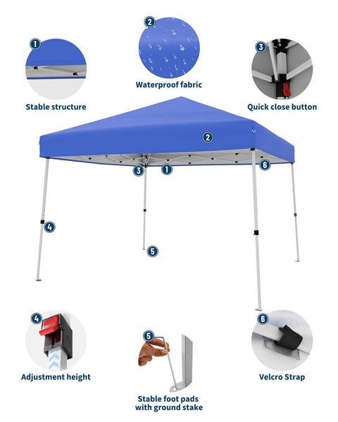 10x10Ft Pop Up Canopy Tent With Slant Legs Instant Gazebo Shelter UV Resistant Waterproof Cover Adjustable Height Heavy Duty Steel Frame Carrying Bag 8x8Ft Shade For Patio Beach Garden And Events