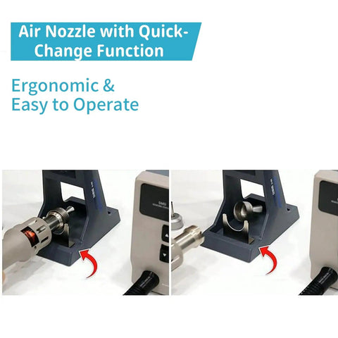 Pro Grade 1000W Hot Air Rework Station with air nozzle quick-change function shown in use on bench top tool for repairs.