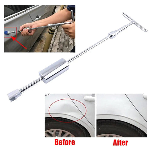 DIY Auto Body Dent Repair Kit With Glue Tabs, Bridge Puller, Slide Hammer, Dent Lifter And Suction Cup Tools showing dent repair process