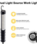 Bright As Day LED Trouble Light With 25 Foot Cord Magnetic Swivel Hook For Car Repair Workshop And Construction 800 Lumens Dual Spotlight And Floodlight ETL Listed 16 AWG Cord in a vertical position with product features displayed on the side.