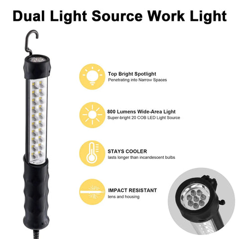 Bright As Day LED Trouble Light With 25 Foot Cord Magnetic Swivel Hook For Car Repair Workshop And Construction 800 Lumens Dual Spotlight And Floodlight ETL Listed 16 AWG Cord in a vertical position with product features displayed on the side.