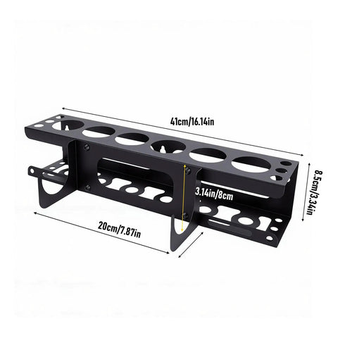 Caulking Gun Holder Wall Mount Rack With Storage For One Gun Six Tubes And Six Nozzles with dimensions labeled in centimeters and inches