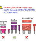 Diagram showing low-profile, mini, and regular ATO blade fuses compatible with Mini Add A Circuit Fuse Tap Kit 12V 5 Pack.