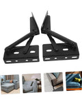 Front view of two black metal folding sofa spring hinges with mounting plates and coiled springs.