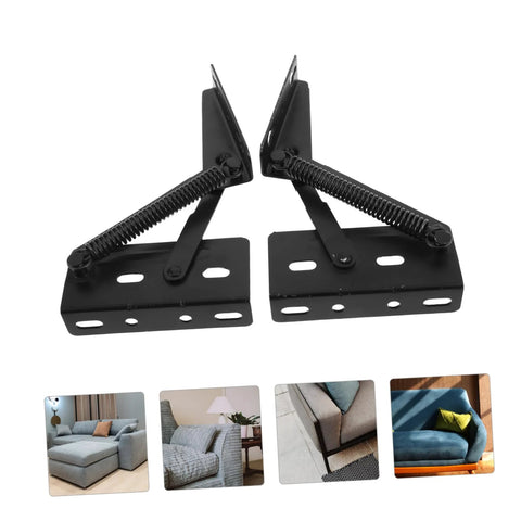 Front view of two black metal folding sofa spring hinges with mounting plates and coiled springs.