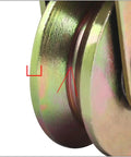 Close-up of Rock Solid V Groove Caster Wheel Built Heavy To Glide Smooth On Barn Door Tracks Or Industrial Carts featuring steel material.