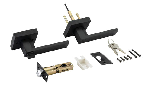 Square Entry Lever Door Handle Set With Key Lock And Locking Lever For Front Door Or Office, Heavy Duty Reversible Iron Black Finish