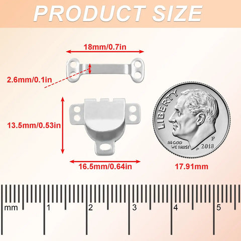 25 Pack Sewing Hook And Eye Closures for Clothing Repair with size comparison to coin and ruler, silver color.