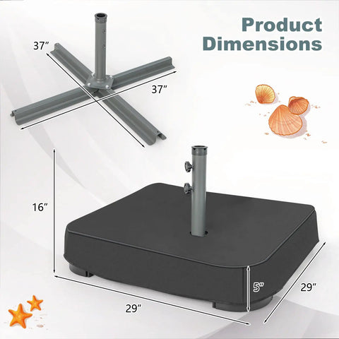 Heavy Duty 200 Lb Umbrella Base With Two Sandbags For Market Patio And Poolside Use, dimensions and layout shown in graphic
