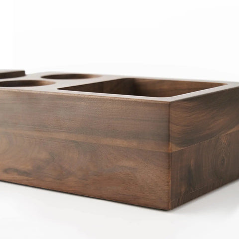 Wooden Espresso Knock Box And Tamper Holder Station With Non Slip Base Fits 58mm Portafilter, angled view showing deep slots.