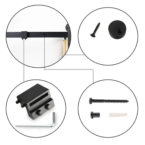 Components of 8ft Sliding Barn Door Hardware Kit with J Shape Hangers, Antique Style, Ultra Quiet Glide, Upgraded Carbon Steel Track