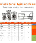 Diagram and table for selecting CNC collet sizes with measurements for tool compatibility.