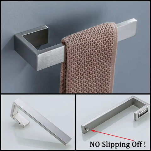 4 Piece Bathroom Hardware Set With Stainless Steel Towel Bar Towel Holder Robe Hook And Toilet Paper Holder Built To Last Dope Quality Rust Resistant SUS304 Bath Accessories For Everyday Use, close-up of towel holder with brushed nickel finish, detail view showing no-slip design.