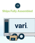 Illustration of a delivery truck and box with logo, text 'Ships Fully Assembled' for Pro Plus 36 Adjustable Desk Converter With 11 Height Settings For Dual Monitor Sit Stand Desk Riser Ideal For Home Office Table Tops And Workspace Fully Assembled With Spring Loaded Lift Black