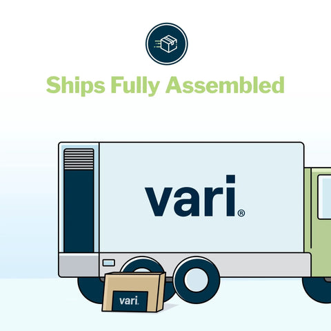 Illustration of a delivery truck and box with logo, text 'Ships Fully Assembled' for Pro Plus 36 Adjustable Desk Converter With 11 Height Settings For Dual Monitor Sit Stand Desk Riser Ideal For Home Office Table Tops And Workspace Fully Assembled With Spring Loaded Lift Black