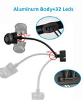Wireless LED Picture Light With Remote And Rechargeable Battery showing adjustable arm angles and aluminum body with 32 LEDs