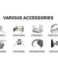 Various accessories for 3 Ton Heavy Duty Electric Forklift Industrial Workhorse including rotator, drum clamp, and more.