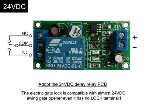 Close-up of 24VDC delay relay PCB used in heavy duty 24V DC automatic electric gate lock for swing gates and gate openers.
