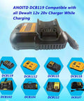 Car Battery Charger For 12V And 20V Max Lithium Batteries compatible with Dewalt DCB119 and other models shown