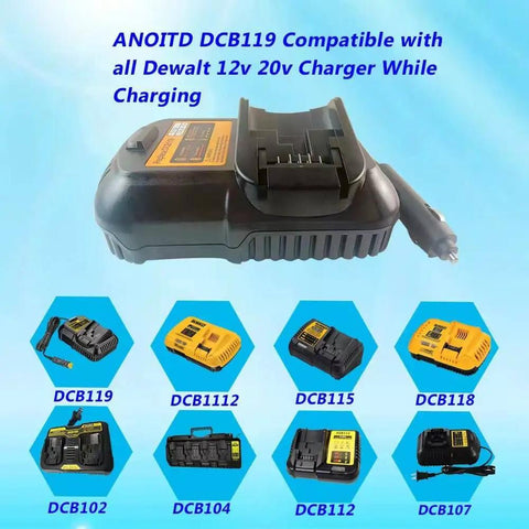 Car Battery Charger For 12V And 20V Max Lithium Batteries compatible with Dewalt DCB119 and other models shown