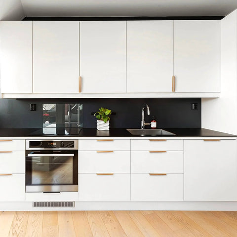 Modern kitchen with Five Pack Adhesive Edge Pulls For Cabinets No Drill Hidden Drawer Handles Flat Stick On Brushed Gold Finish