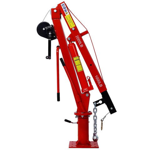 Bedside Warrior 2000 Lb Hydraulic Truck Crane With Manual Hand Winch, red galvanized steel lifting rig side view.
