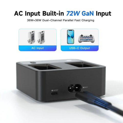 Fast 72W Dual Port Battery Charger For DJI Mini 3 Pro And Mini 4 Pro Series with USB C Output and LCD Display, rear view