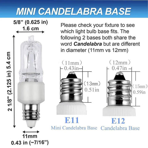 Diagram comparing E11 and E12 candelabra bases for Beefy Bright High Output E11 Halogen Bulb 120V 75W