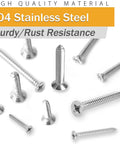 Built Tough 304 Stainless Steel Wood Screws And Self Tapping Assortment Kit Featuring Phillips Flat Heads For Sheet Metal Jobs And Heavy Duty Backyard Projects 450 Piece Set with various screws on white background.