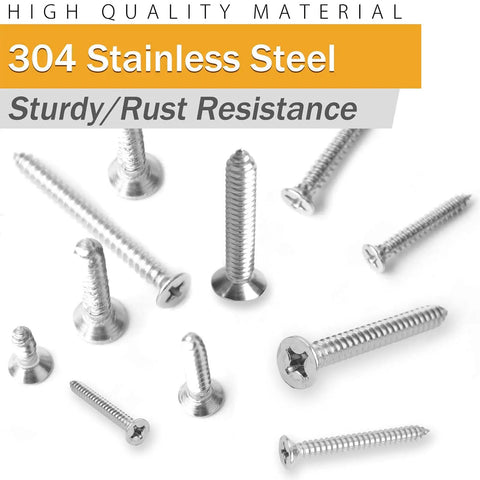Built Tough 304 Stainless Steel Wood Screws And Self Tapping Assortment Kit Featuring Phillips Flat Heads For Sheet Metal Jobs And Heavy Duty Backyard Projects 450 Piece Set with various screws on white background.