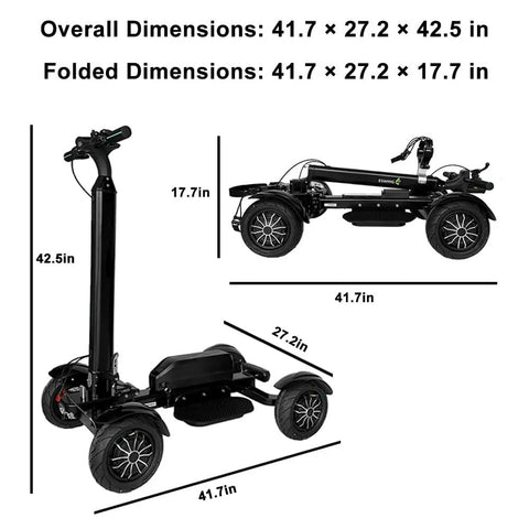Foldable Electric Golf Scooter With Comfortable Seat And Umbrella Holder Powered By 2400W Dual Brushless Motors And Sweet 48V Battery, showing dimensions.