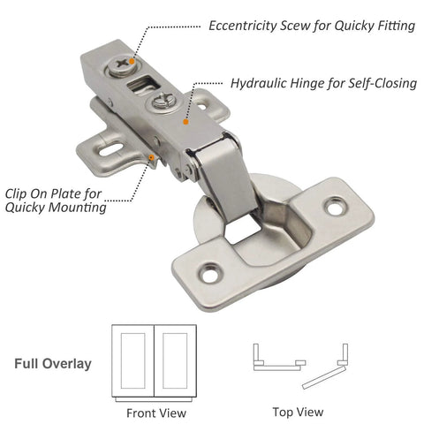 Soft Close 105 Degree European Full Overlay Concealed Cabinet Hinges With Mounting Plate Clip On 2 Pairs 4 Pieces Frameless Design 35mm Cup 14-22mm Door Thickness Mounting Screws Included top view