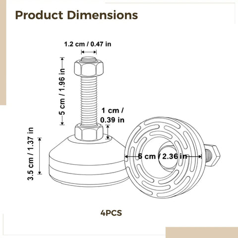 Diagram showing dimensions of 4 Pack Leveling Feet With M12 Thread, Heavy Duty Adjustable Anti Slip Vibration Dampening, Carbon Steel.