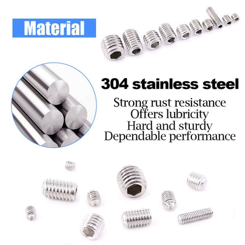 200 Piece M3 M4 M5 M6 M8 Hex Allen Head Socket Set Screw Assortment Kit Made Of 304 Stainless Steel With Durable Plastic Storage Box For Quick Reliable Mechanical Projects, showing various screw sizes and stainless steel material.